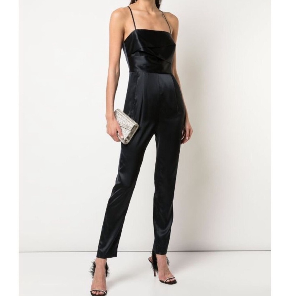 Michelle Mason Black Satin Strapless Jumpsuit with Streamlined Silhouette
